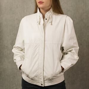 Vintage C&A White Leather Bomber Jacket Women’s L 80s 90s